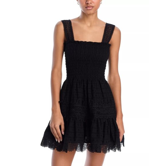 350$ Waimari Square Neck Leah Smocked Bodice Mini Dress Women's Size L Black - Picture 1 of 2